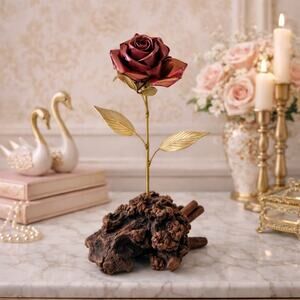 Vintage Copper Rose Sculpture on Driftwood | Organic Modern Floral Decor